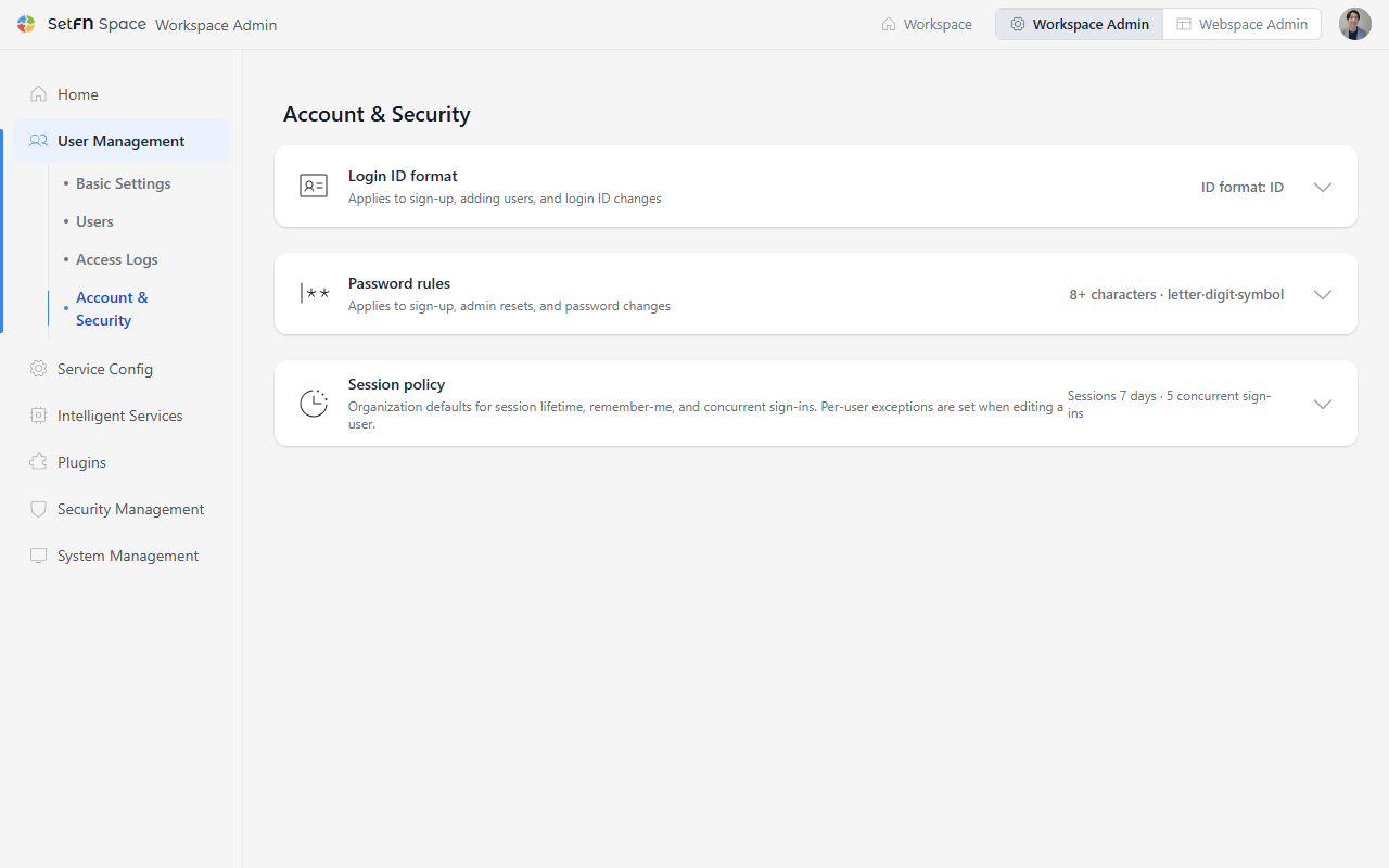Account & Security page with the Login ID format, Password rules, and Session policy cards