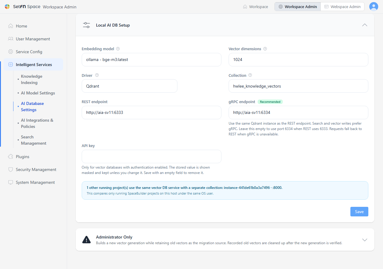 AI DB configuration screen with Qdrant selected as the driver