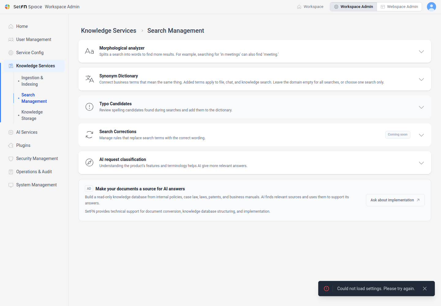 Search Management page