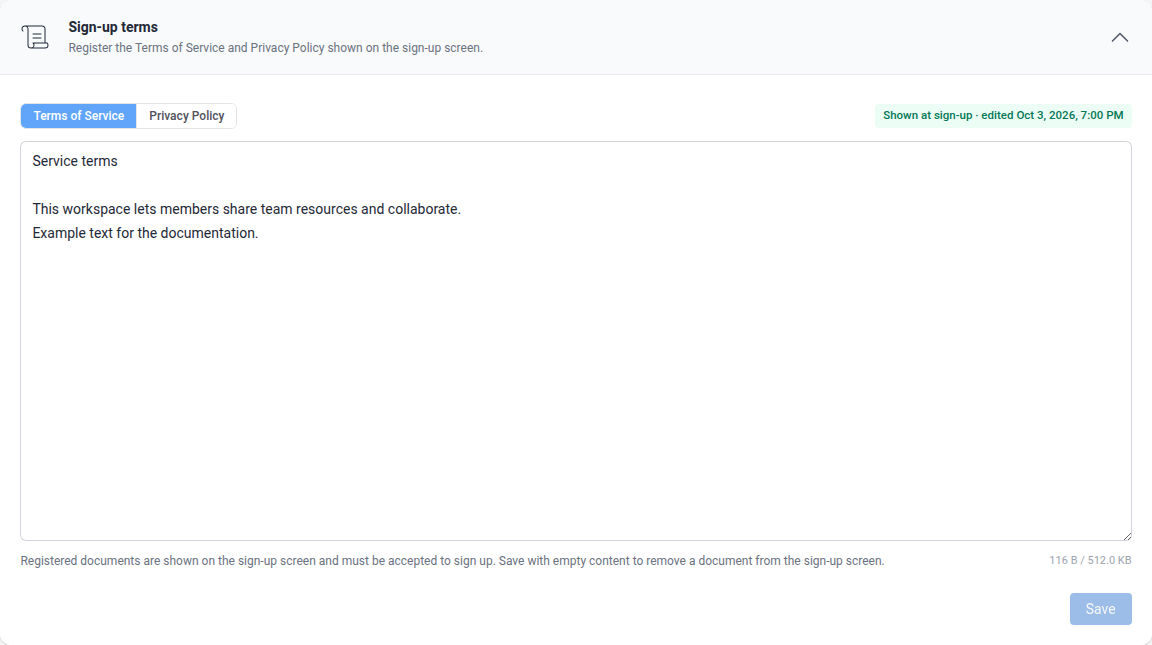 Signup terms editor