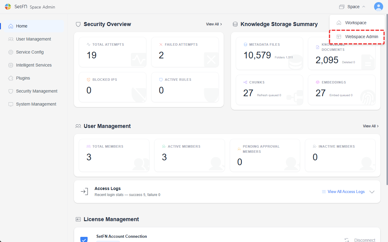 Navigating from the admin page to WebSpace