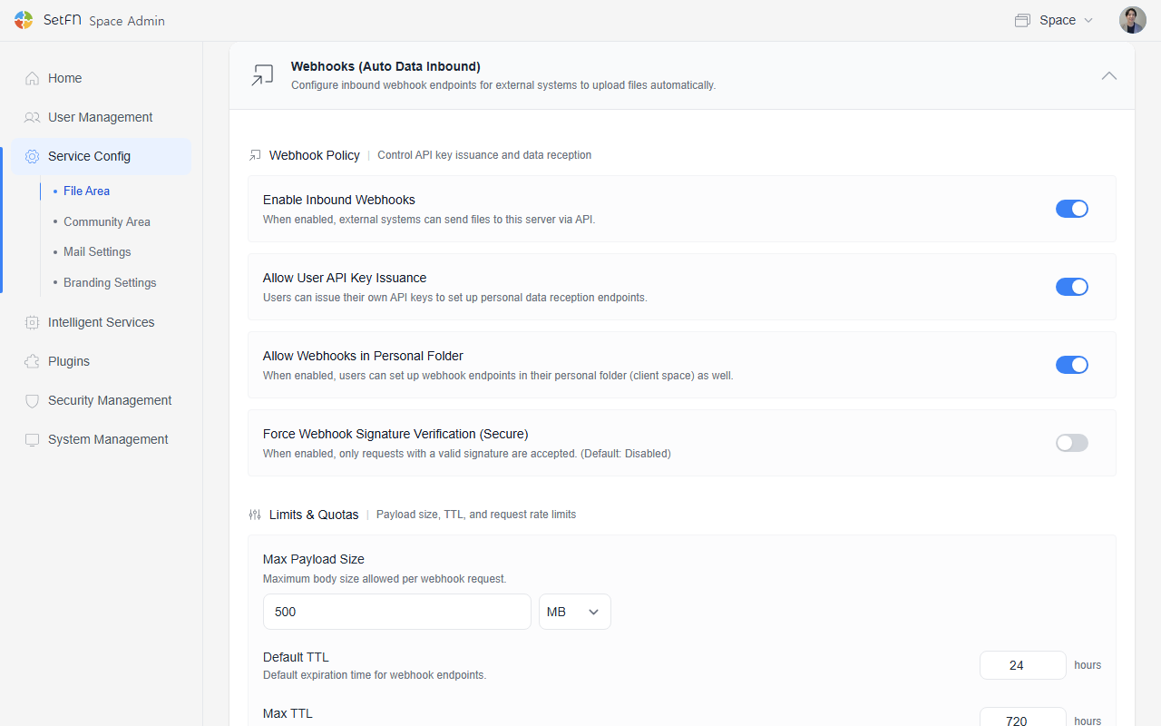 Webhook usage settings