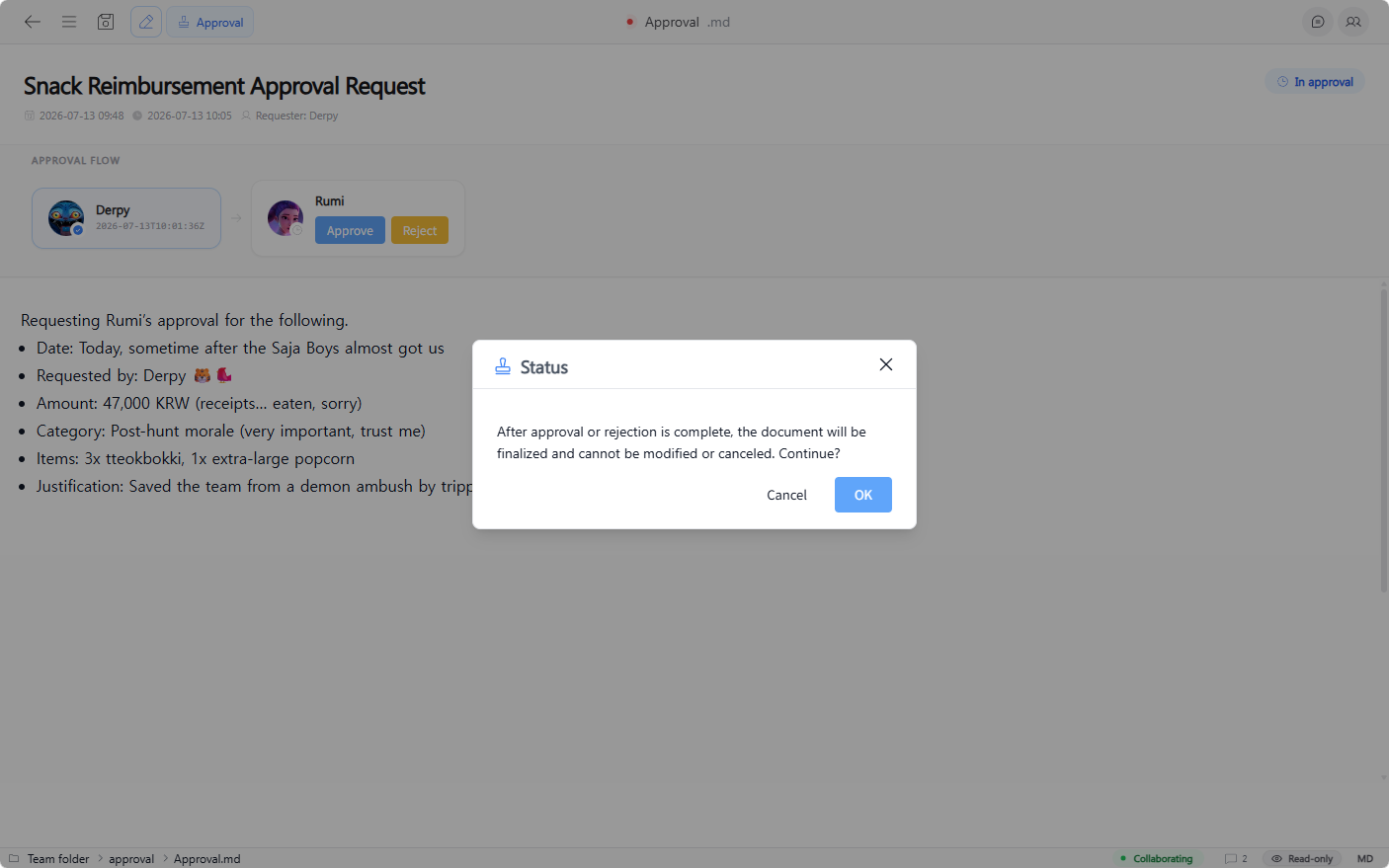 Approve or reject popup