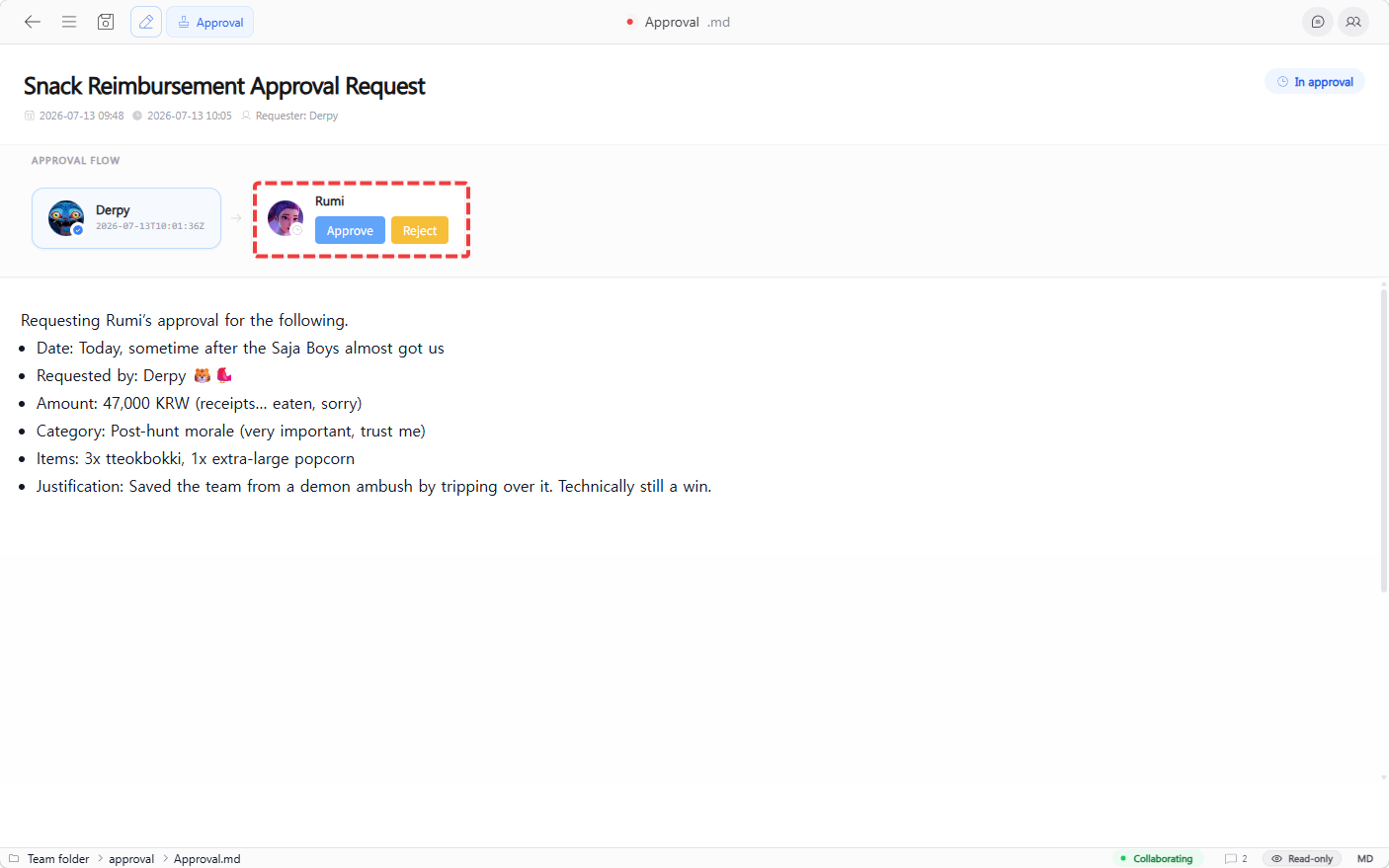 Approver's screen
