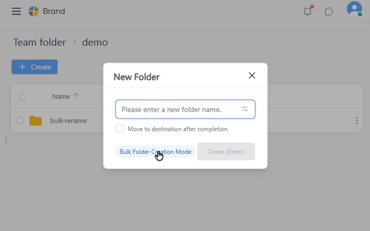 Bulk folder creation button