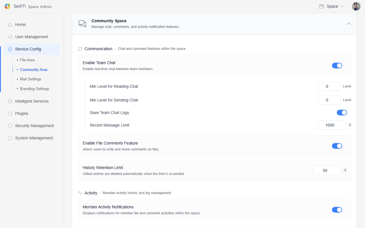 Community area settings