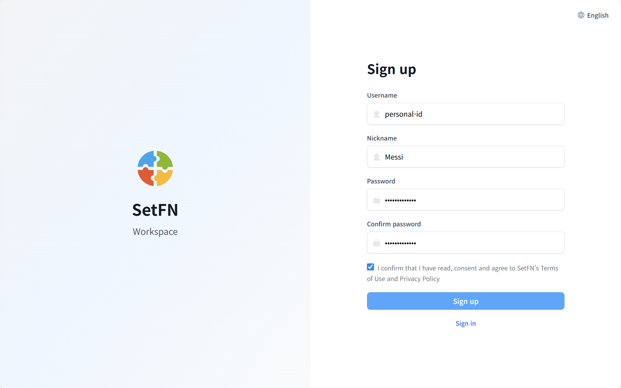 Sign-up page
