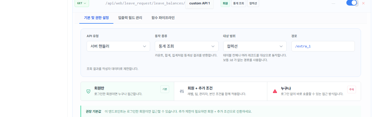 The custom endpoint's permission picker panel: Member only / Member + extra conditions (level, team, admin, owner) / Anyone, each with an explanation