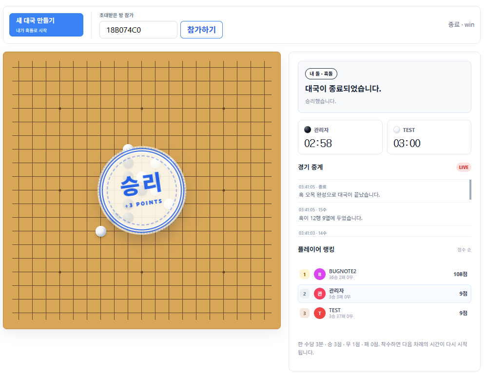 오목 승리 결과와 자동 집계된 플레이어 순위